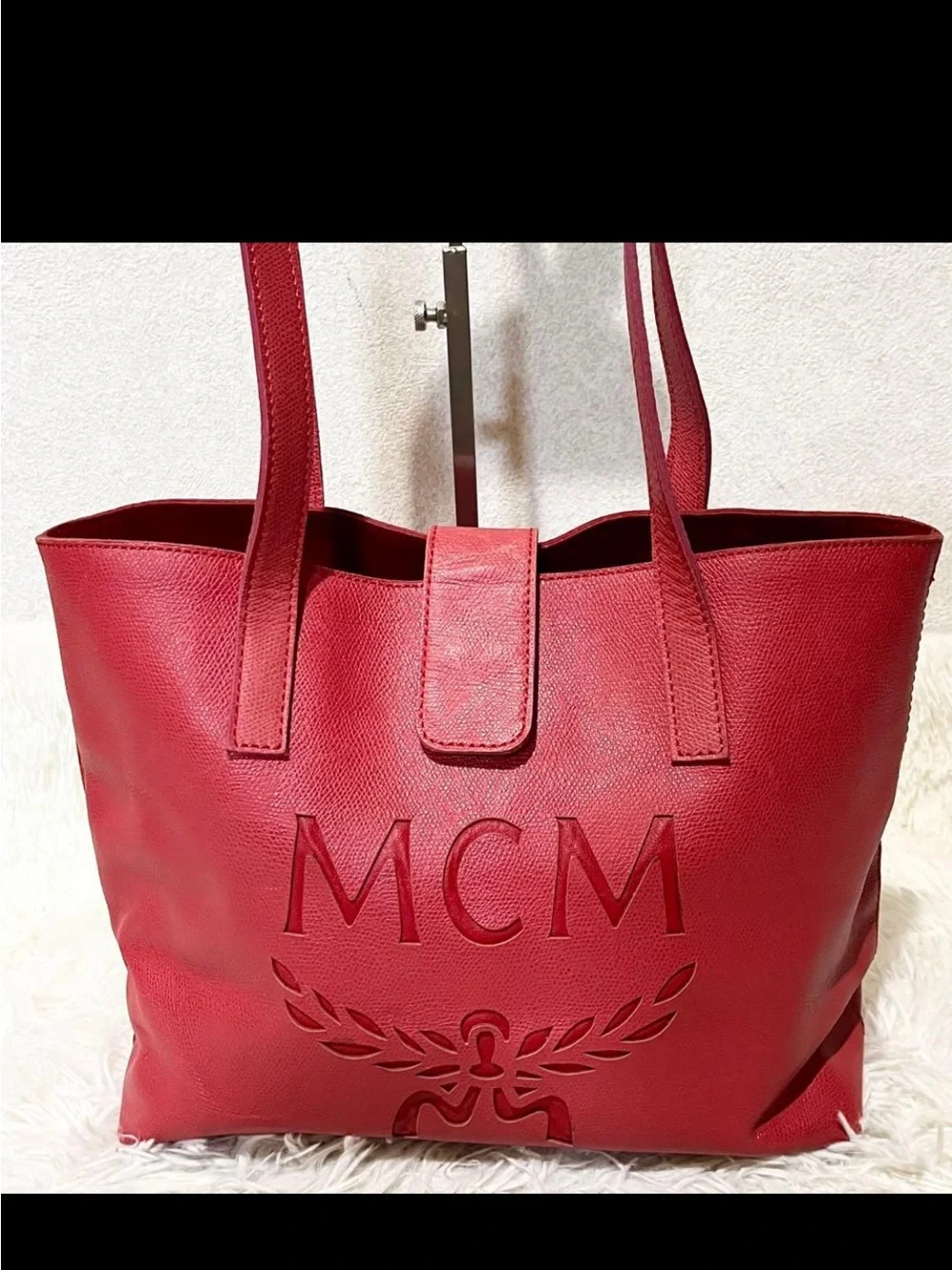 MCM Red Leather Embossed Logo Tote